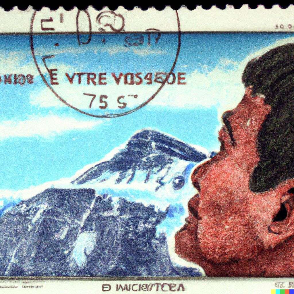 someone gazing at Mount Everest, postage stamp
